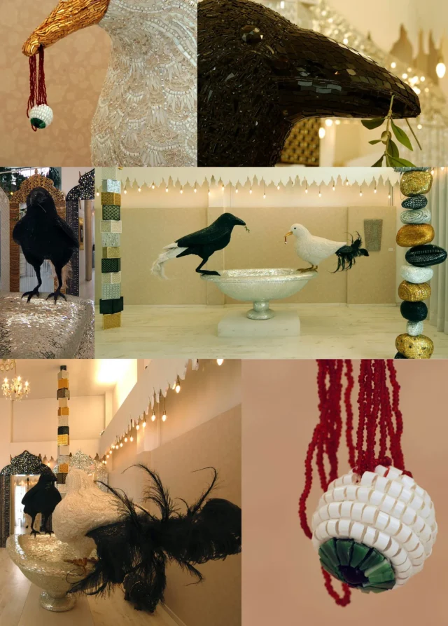 Colomba e Corvo, scultura in mosaico, vista d'insieme, Dusciana Bravura