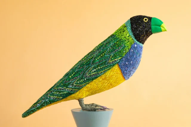 Diamond Gould, scultura in mosaico, dettaglio piumaggio, Dusciana Bravura